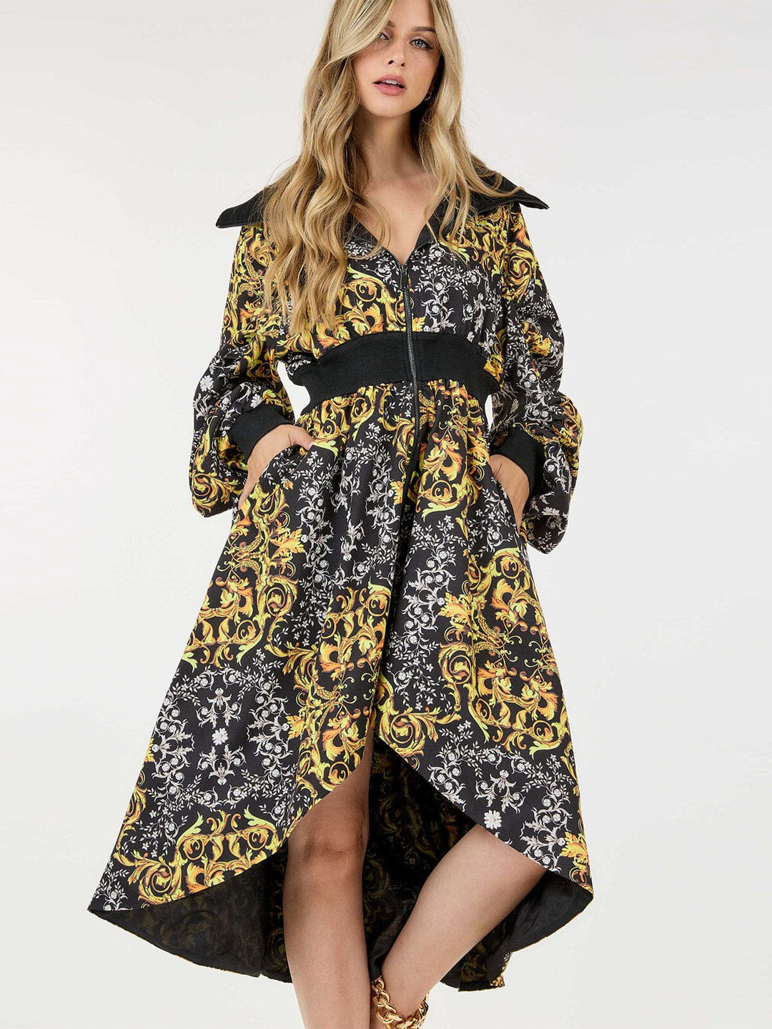 WOMEN'S LONG SLEEVE ZIP UP MULTI PRINT TUNIC POCKETS HIGH-LOW MIDI DRESS