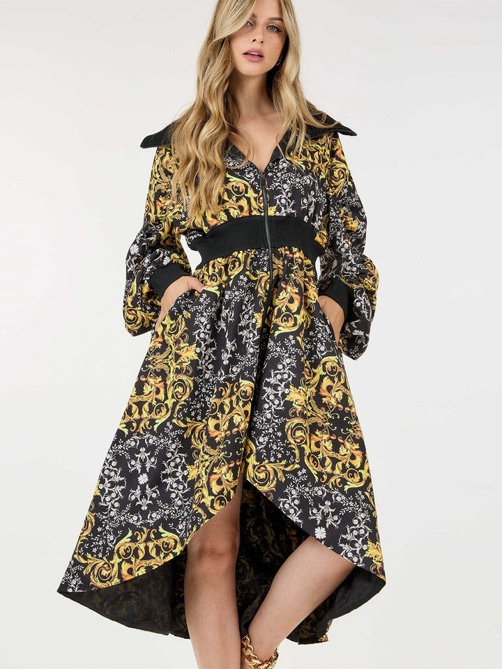 WOMEN'S LONG SLEEVE ZIP UP MULTI PRINT TUNIC POCKETS HIGH-LOW MIDI DRESS