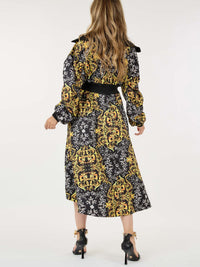 WOMEN'S LONG SLEEVE ZIP UP MULTI PRINT TUNIC POCKETS HIGH-LOW MIDI DRESS