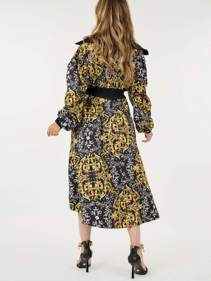 WOMEN'S LONG SLEEVE ZIP UP MULTI PRINT TUNIC POCKETS HIGH-LOW MIDI DRESS