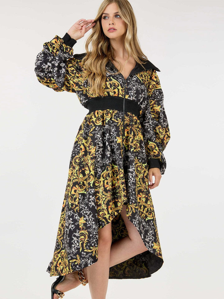 WOMEN'S LONG SLEEVE ZIP UP MULTI PRINT TUNIC POCKETS HIGH-LOW MIDI DRESS