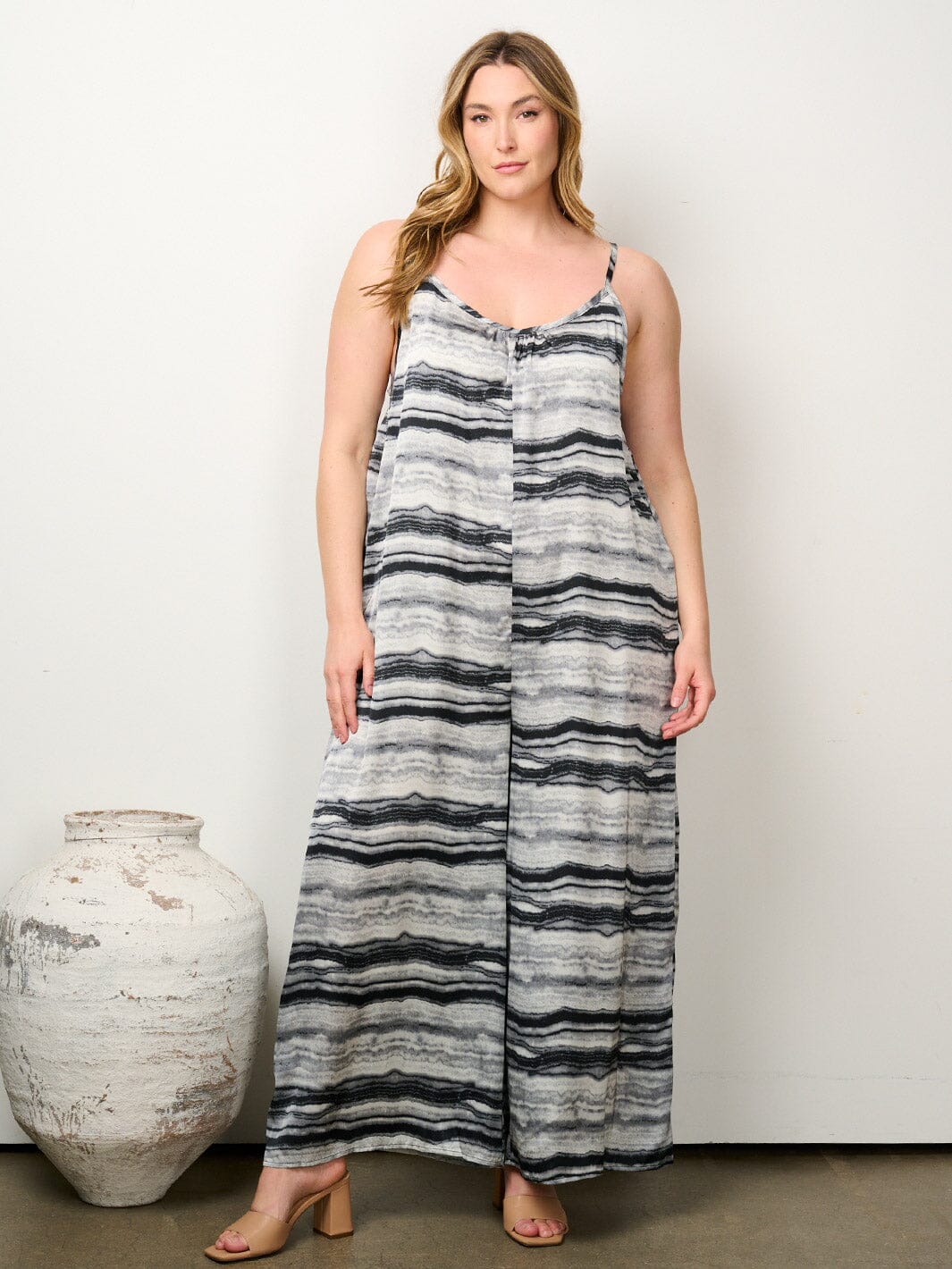 PLUS SIZE SLEEVELESS POCKETS TIE DYE WIDE LEG JUMPSUIT