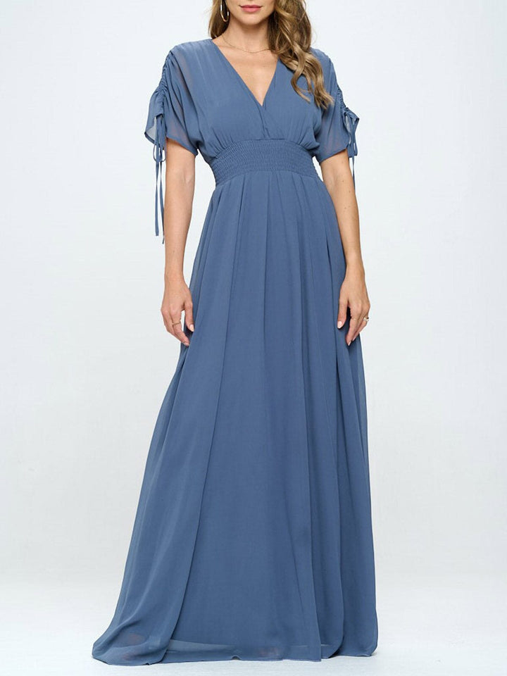 WOMEN'S SHORT SLEEVE SURPLICE SMOCK WAIST MAXI DRESS