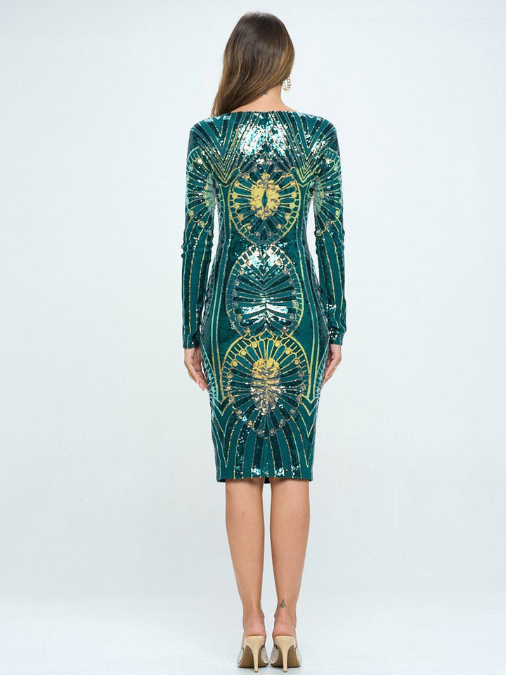 WOMEN'S LONG SLEEVE V-NECK BODYCON SEQUINS MIDI DRESS