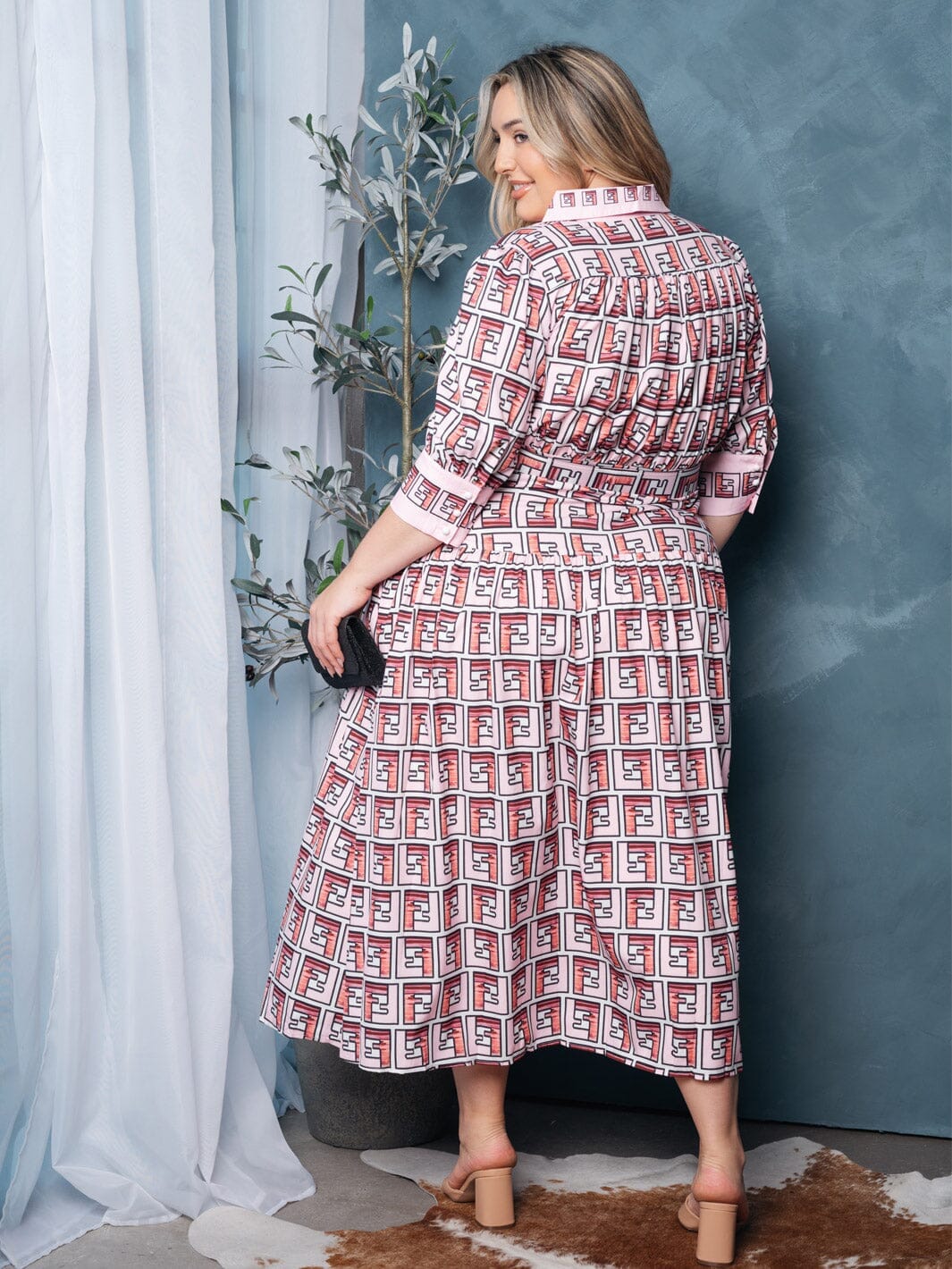 PLUS SIZE 3/4 SLEEVES BUTTON UP BELTED MULTI PRINT MAXI DRESS