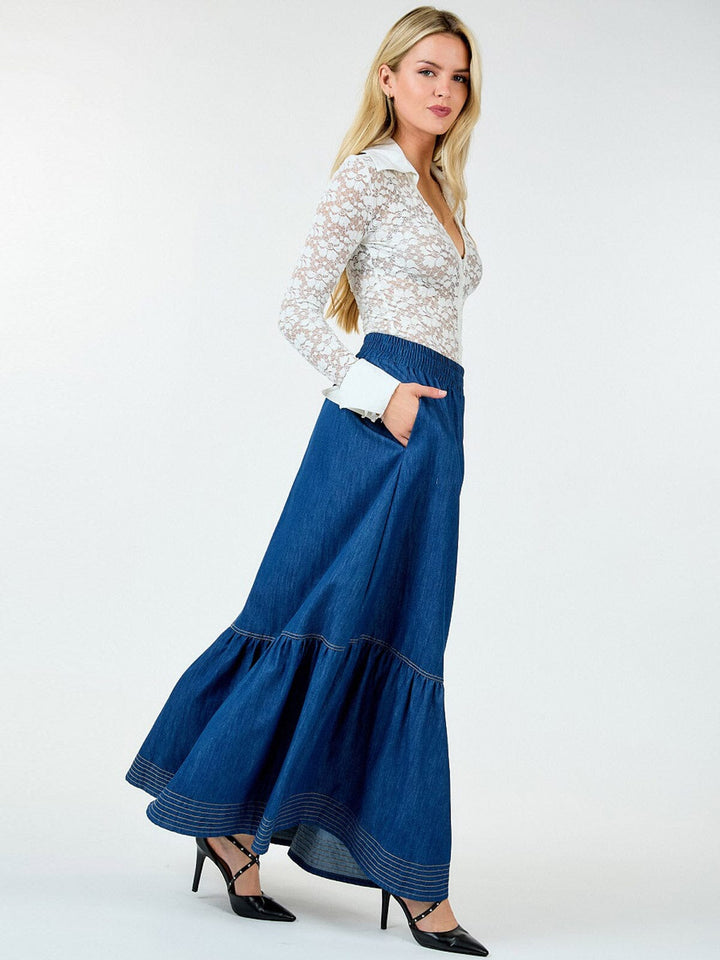 WOMEN'S ELASTIC WAIST POCKETS RUFFLE BOTTOM HEM MAXI DENIM SKIRT