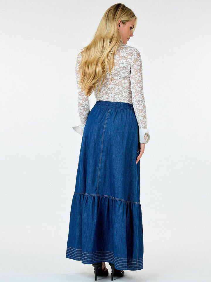 WOMEN'S ELASTIC WAIST POCKETS RUFFLE BOTTOM HEM MAXI DENIM SKIRT