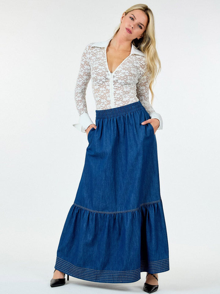 WOMEN'S ELASTIC WAIST POCKETS RUFFLE BOTTOM HEM MAXI DENIM SKIRT
