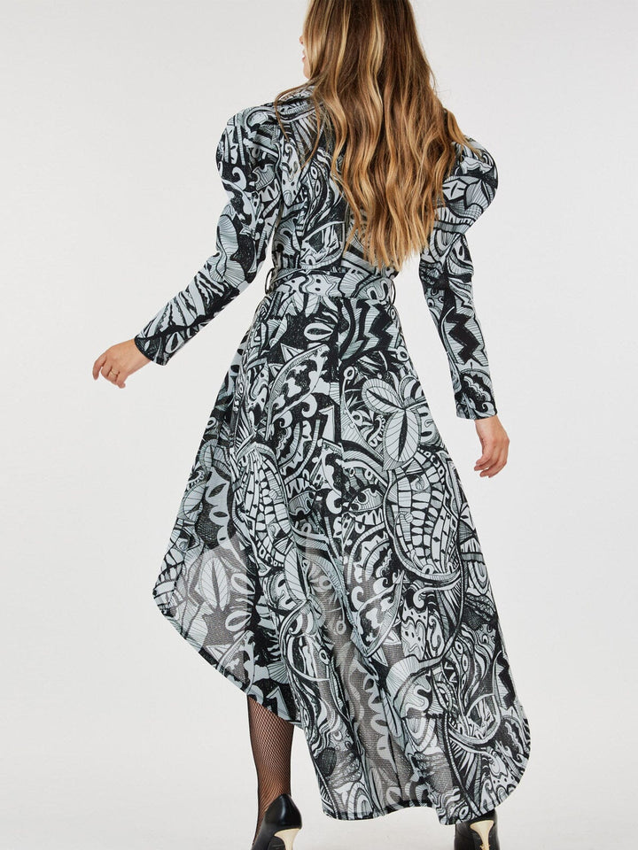 WOMEN'S LONG SLEEVE BUTTON CLOSURE POCKETS PRINTED HIGH-LOW MAXI DRESS