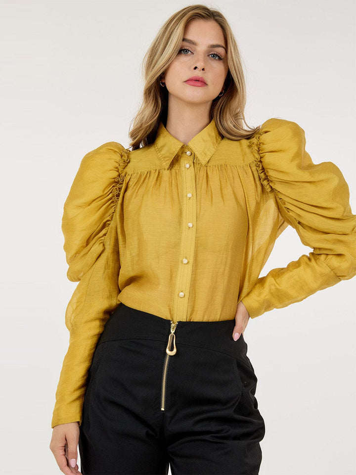 WOMEN'S LONG PUFF SLEEVE BUTTON CLOSURE DETAILED BLOUSE