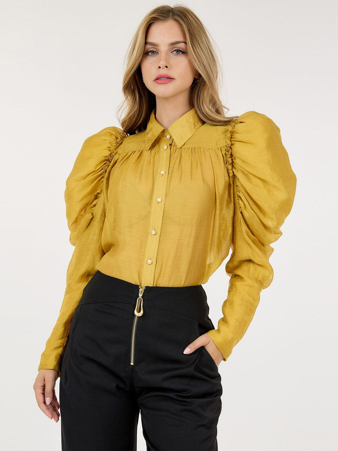 WOMEN'S LONG PUFF SLEEVE BUTTON CLOSURE DETAILED BLOUSE