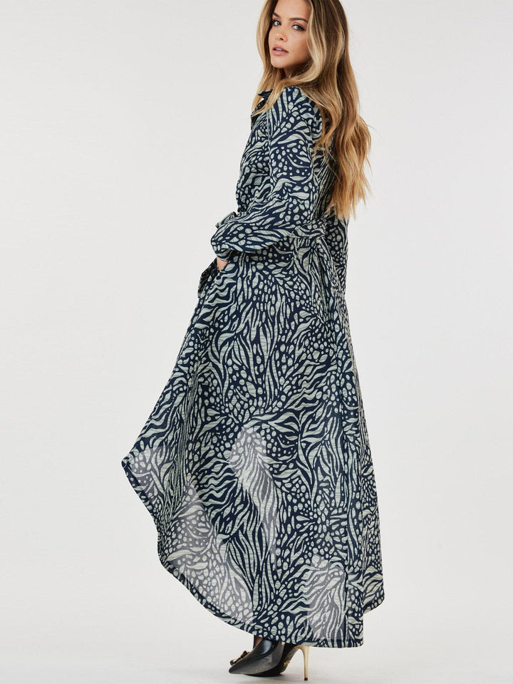 WOMEN'S LONG SLEEVE BUTTON CLOSURE POCKETS PRINTED HIGH-LOW MAXI DRESS