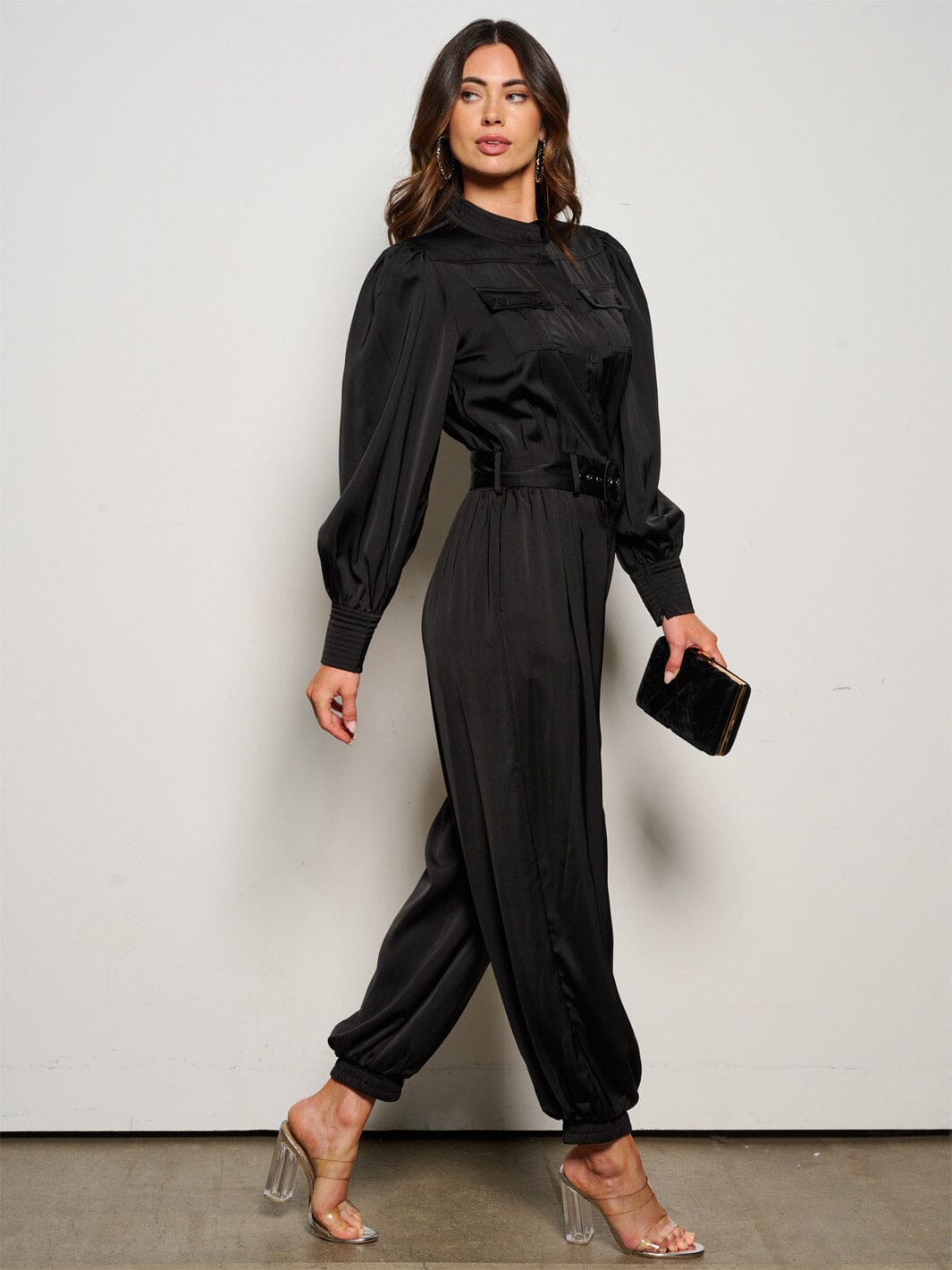 WOMEN'S LONG SLEEVE BUTTON UP POCKETS BELTED JUMPSUIT
