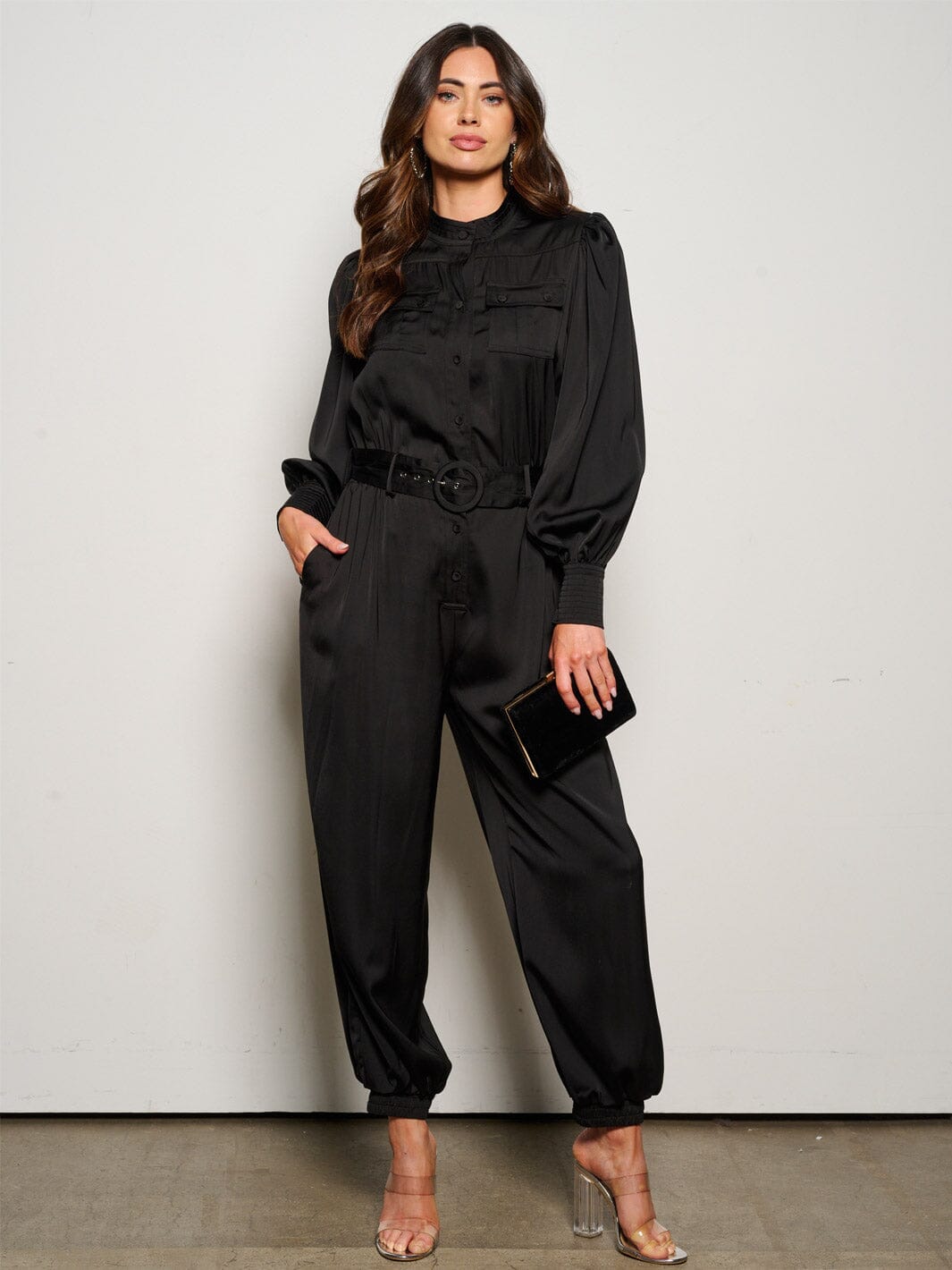 WOMEN'S LONG SLEEVE BUTTON UP POCKETS BELTED JUMPSUIT