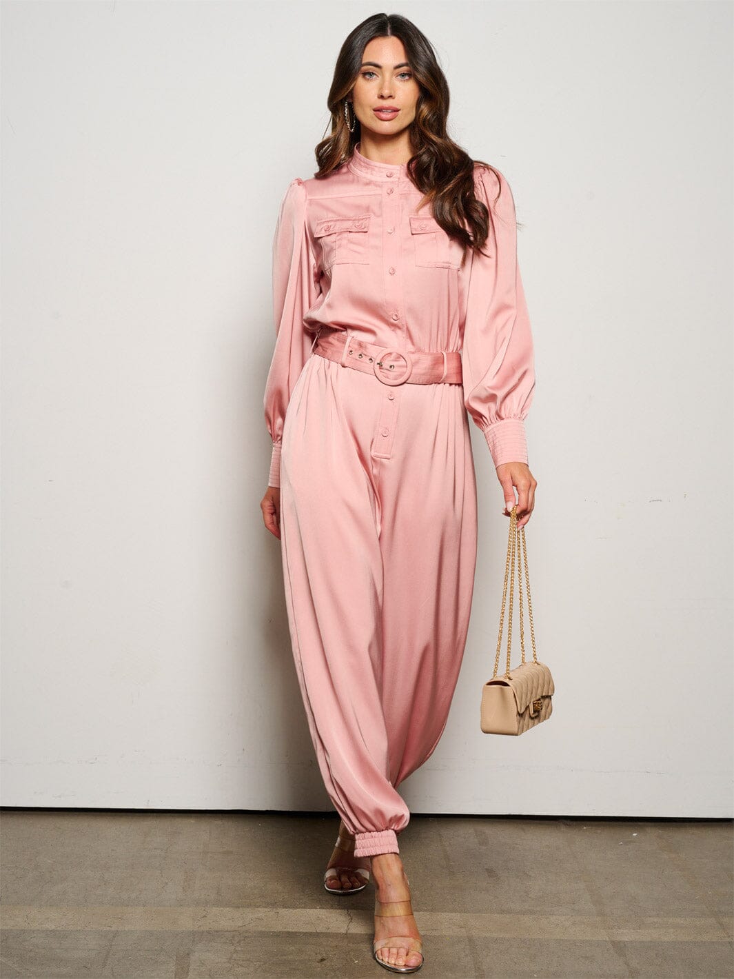 WOMEN'S LONG SLEEVE BUTTON UP POCKETS BELTED JUMPSUIT