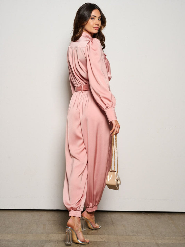 WOMEN'S LONG SLEEVE BUTTON UP POCKETS BELTED JUMPSUIT
