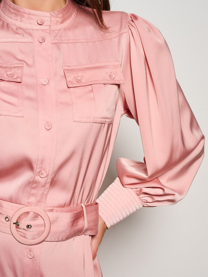 WOMEN'S LONG SLEEVE BUTTON UP POCKETS BELTED JUMPSUIT