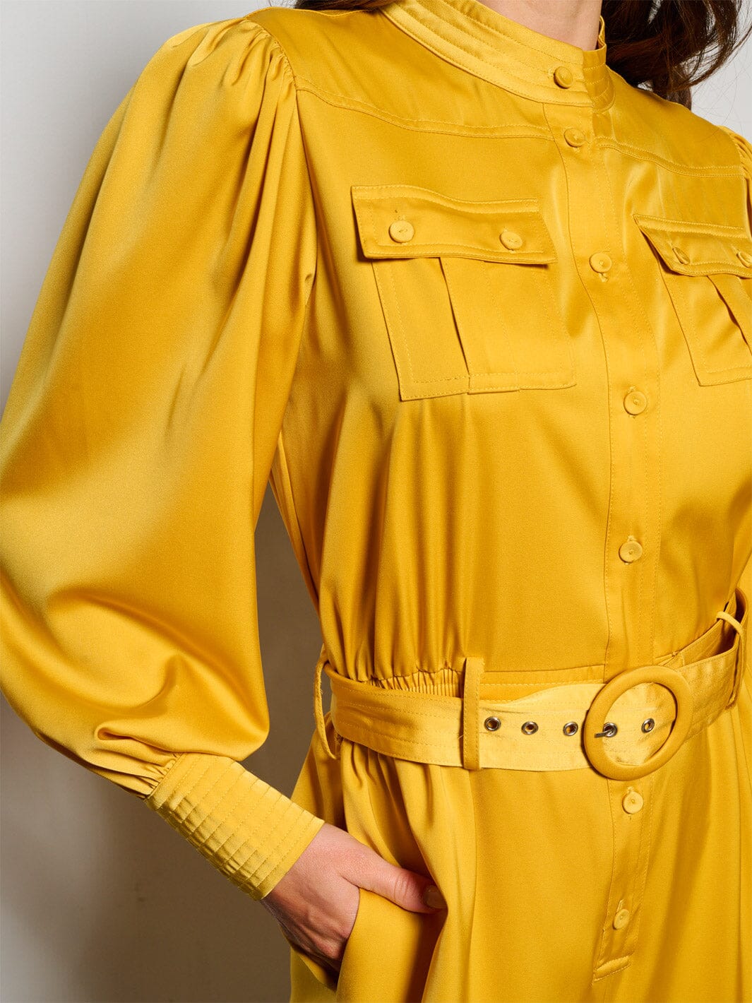 WOMEN'S LONG SLEEVE BUTTON UP POCKETS BELTED JUMPSUIT