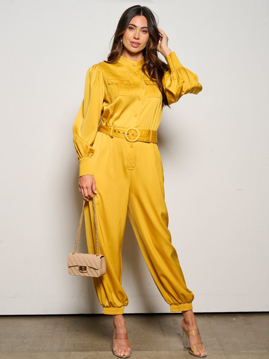 WOMEN'S LONG SLEEVE BUTTON UP POCKETS BELTED JUMPSUIT