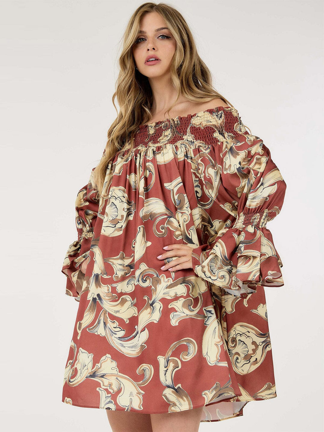 WOMEN'S LONG SLEEVE OFF SHOULDER TUNIC MULTI PRINT MINI DRESS