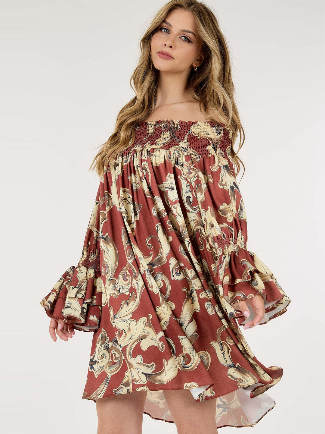 WOMEN'S LONG SLEEVE OFF SHOULDER TUNIC MULTI PRINT MINI DRESS