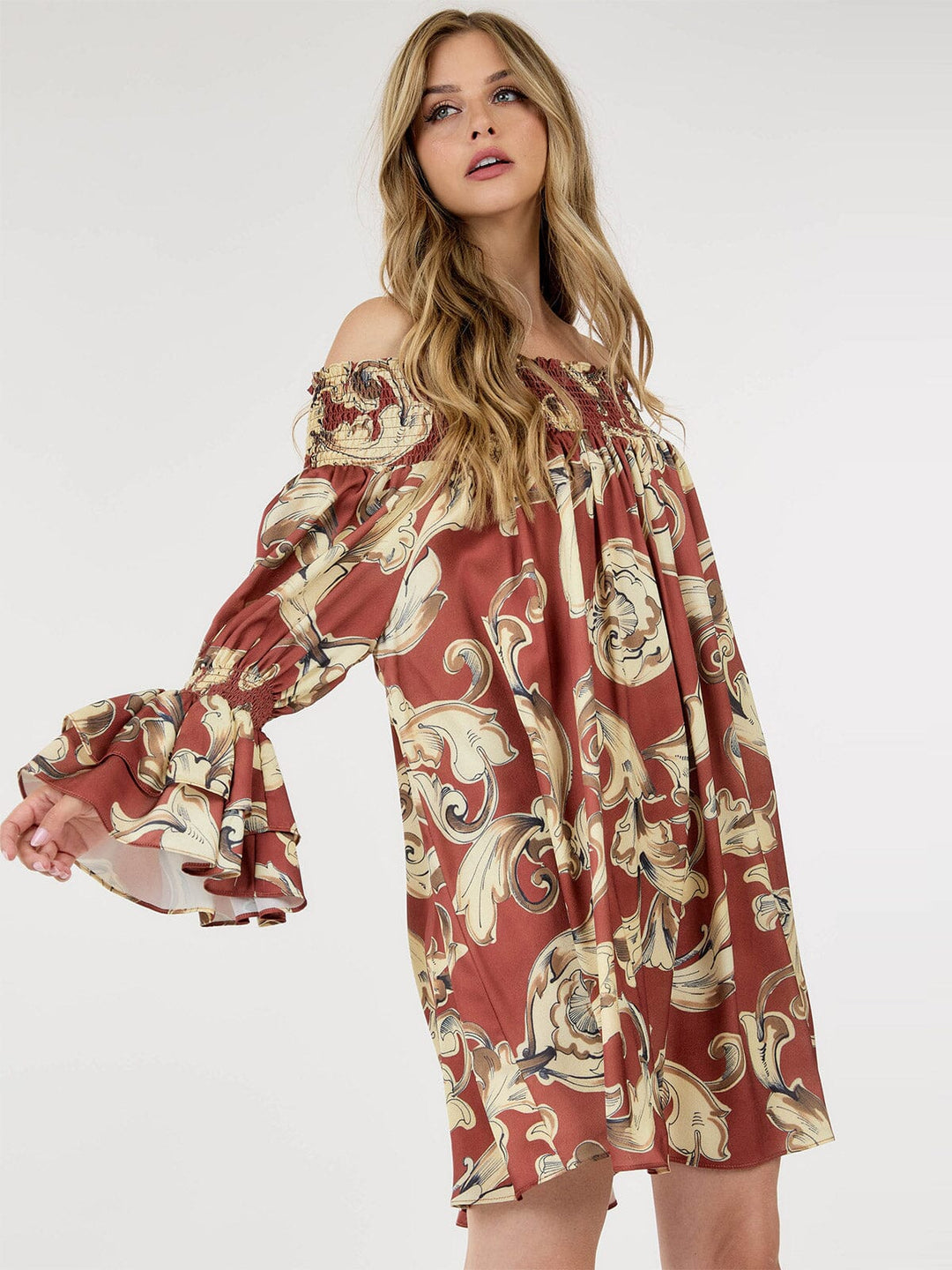 WOMEN'S LONG SLEEVE OFF SHOULDER TUNIC MULTI PRINT MINI DRESS