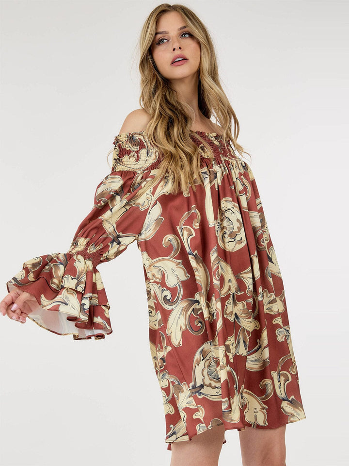 WOMEN'S LONG SLEEVE OFF SHOULDER TUNIC MULTI PRINT MINI DRESS