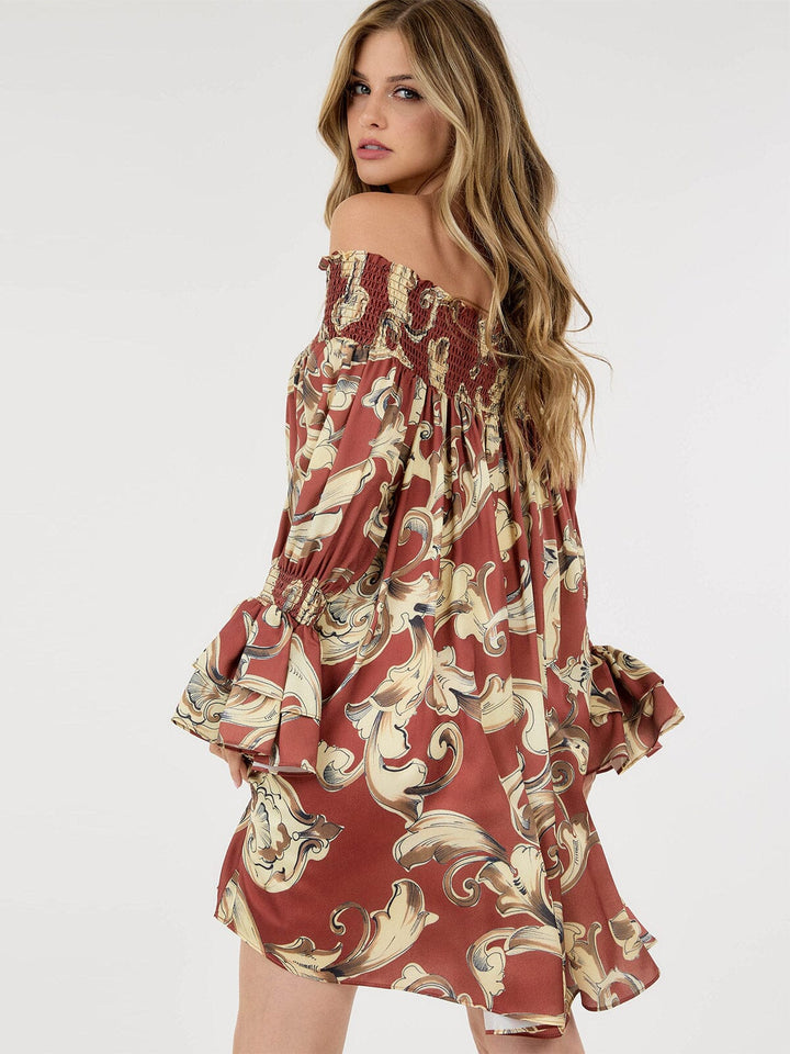 WOMEN'S LONG SLEEVE OFF SHOULDER TUNIC MULTI PRINT MINI DRESS