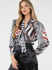 WOMEN'S LONG SLEEVE BUTTON UP V-NECK MULTI PRINT BLOUSE