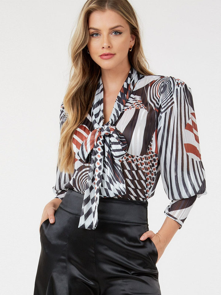 WOMEN'S LONG SLEEVE BUTTON UP V-NECK MULTI PRINT BLOUSE
