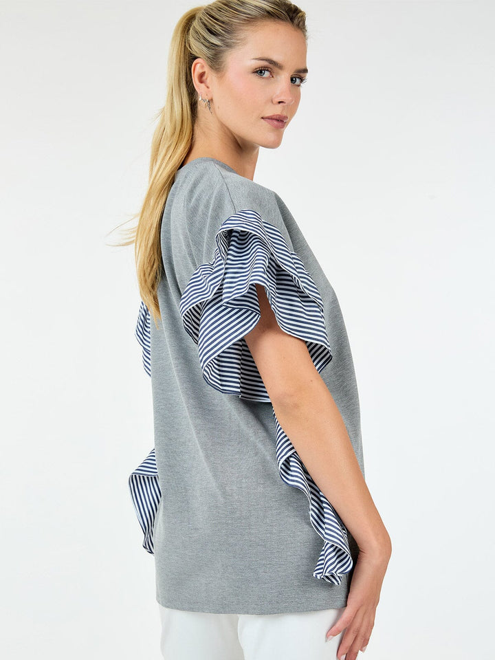 WOMEN'S SHORT SLEEVE RUFFLE TRIM DETAILED BLOUSE