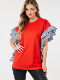 WOMEN'S SHORT SLEEVE RUFFLE TRIM DETAILED BLOUSE