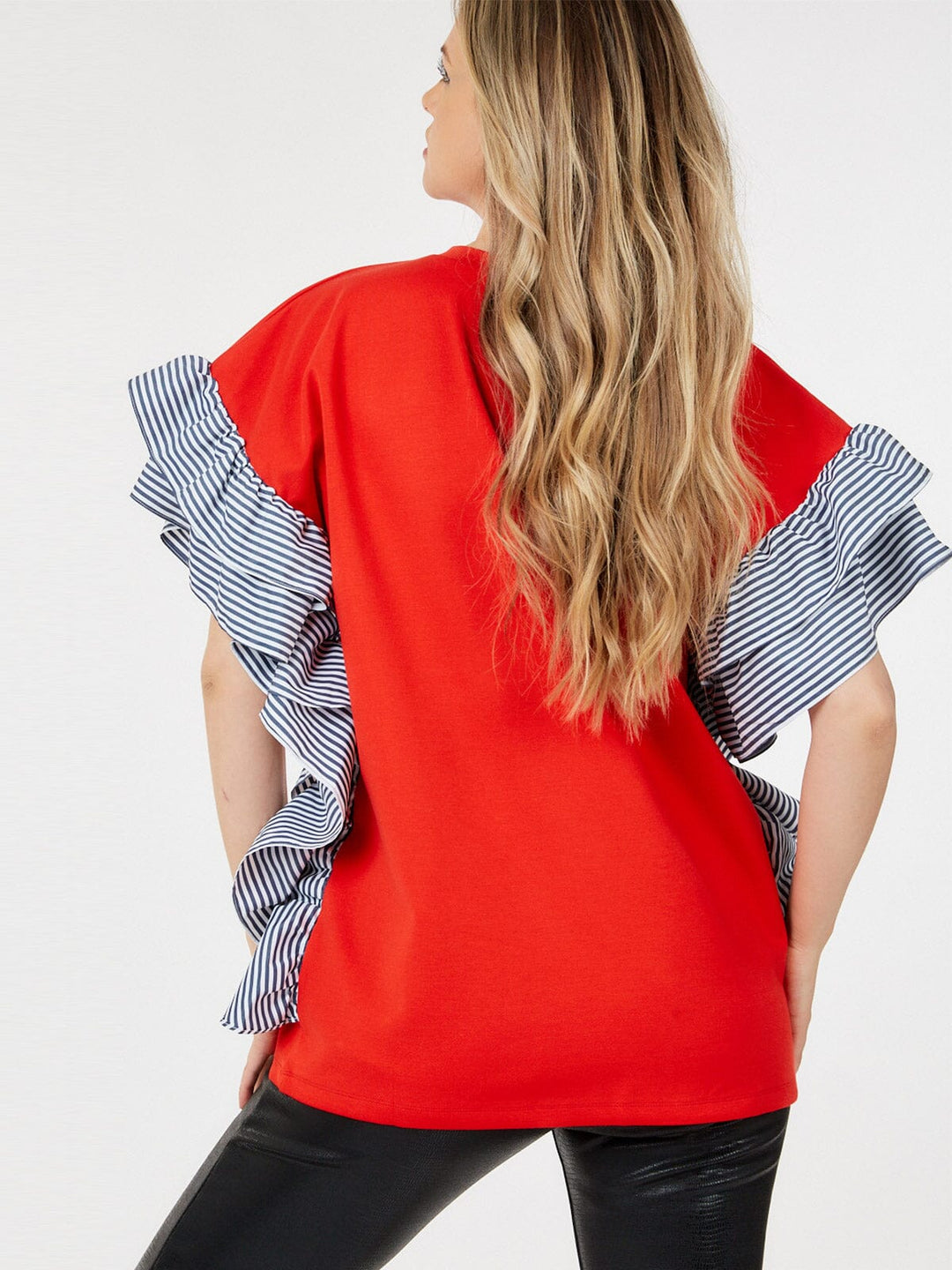 WOMEN'S SHORT SLEEVE RUFFLE TRIM DETAILED BLOUSE