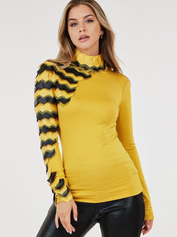 WOMEN'S LONG SLEEVE MOCK NECK COLORBLOCK RUFFLE BLOUSE