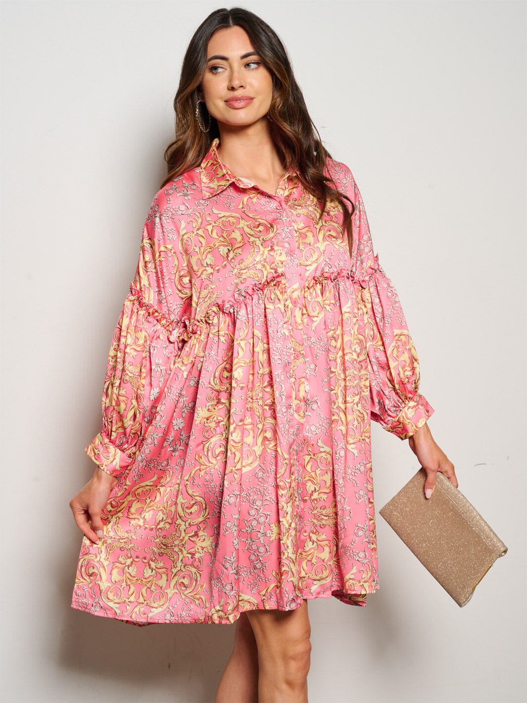 WOMEN'S LONG SLEEVE BUTTON UP MULTI PRINT TUNIC MINI DRESS