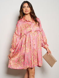 WOMEN'S LONG SLEEVE BUTTON UP MULTI PRINT TUNIC MINI DRESS