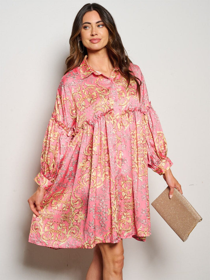 WOMEN'S LONG SLEEVE BUTTON UP MULTI PRINT TUNIC MINI DRESS
