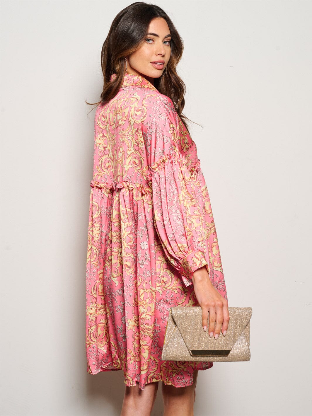 WOMEN'S LONG SLEEVE BUTTON UP MULTI PRINT TUNIC MINI DRESS