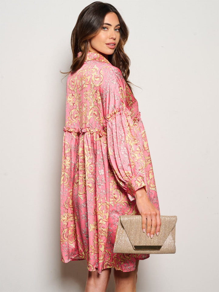 WOMEN'S LONG SLEEVE BUTTON UP MULTI PRINT TUNIC MINI DRESS