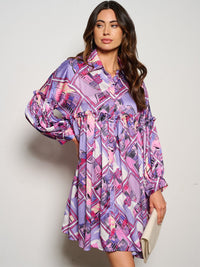 WOMEN'S LONG SLEEVE BUTTON UP MULTI PRINT TUNIC MINI DRESS