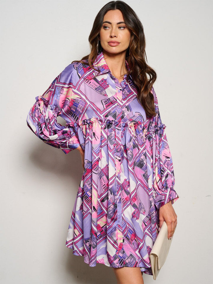 WOMEN'S LONG SLEEVE BUTTON UP MULTI PRINT TUNIC MINI DRESS