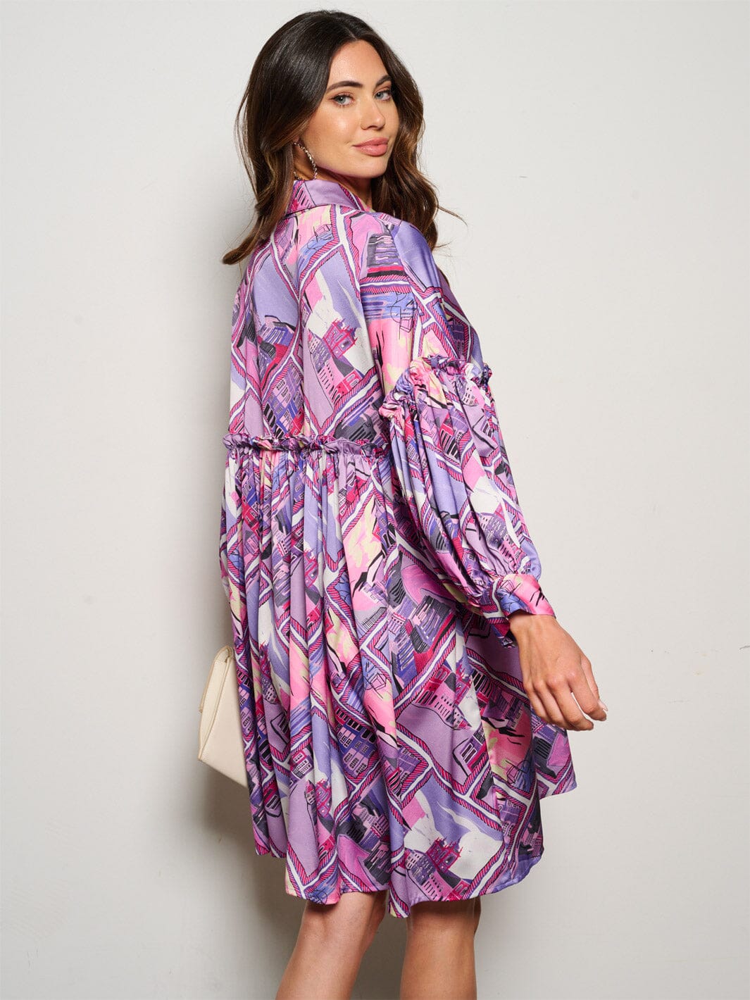 WOMEN'S LONG SLEEVE BUTTON UP MULTI PRINT TUNIC MINI DRESS