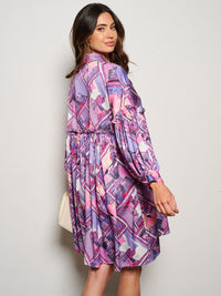 WOMEN'S LONG SLEEVE BUTTON UP MULTI PRINT TUNIC MINI DRESS