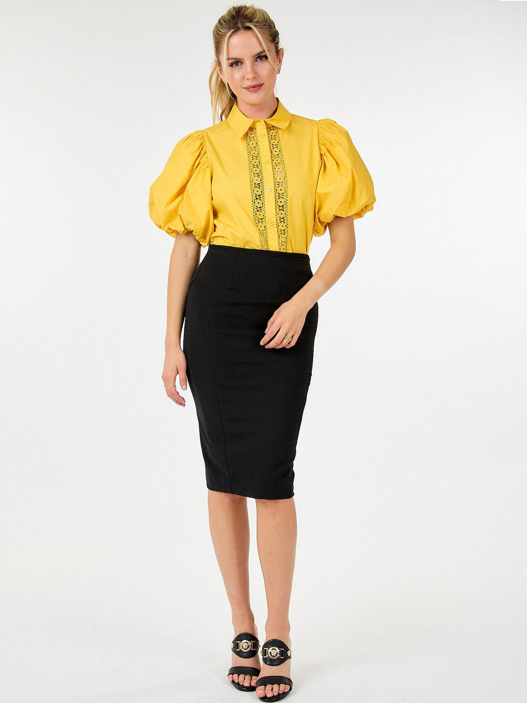 WOMEN'S SHORT PUFF SLEEVE BUTTON UP CROCHET DETAILED BLOUSE