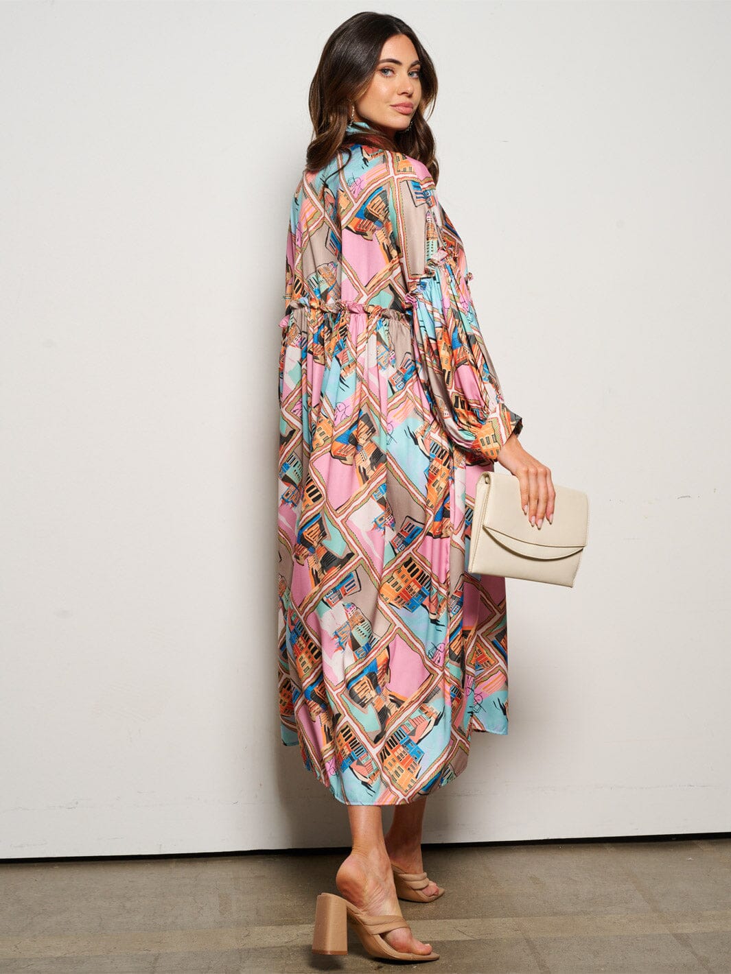 WOMEN'S LONG SLEEVE BUTTON UP MULTI PRINT TUNIC MIDI DRESS