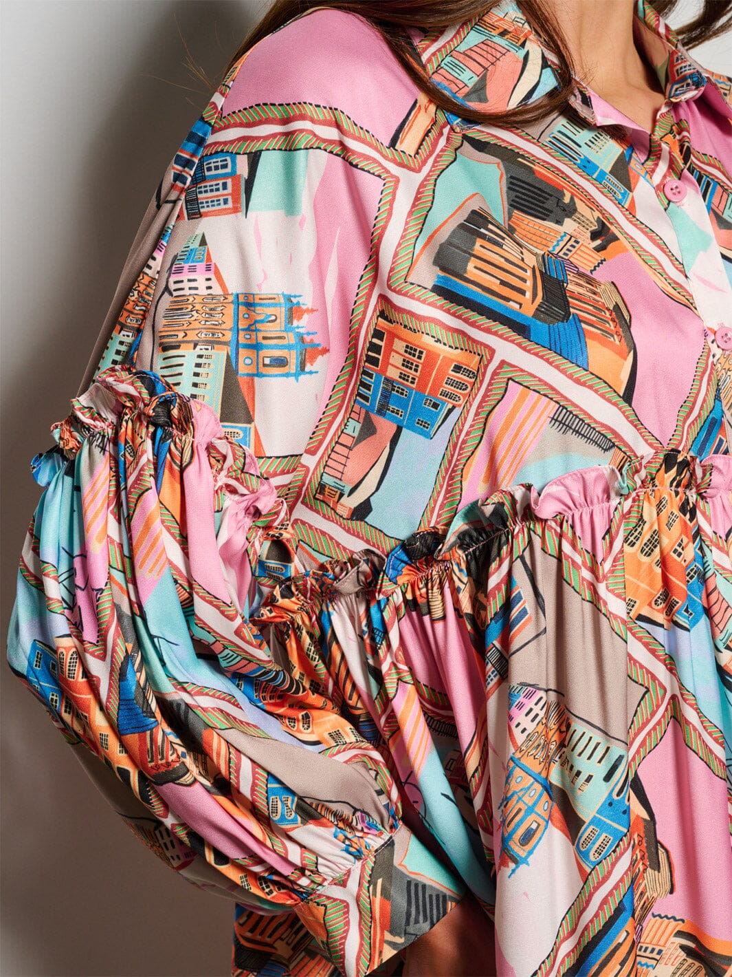 WOMEN'S LONG SLEEVE BUTTON UP MULTI PRINT TUNIC MIDI DRESS