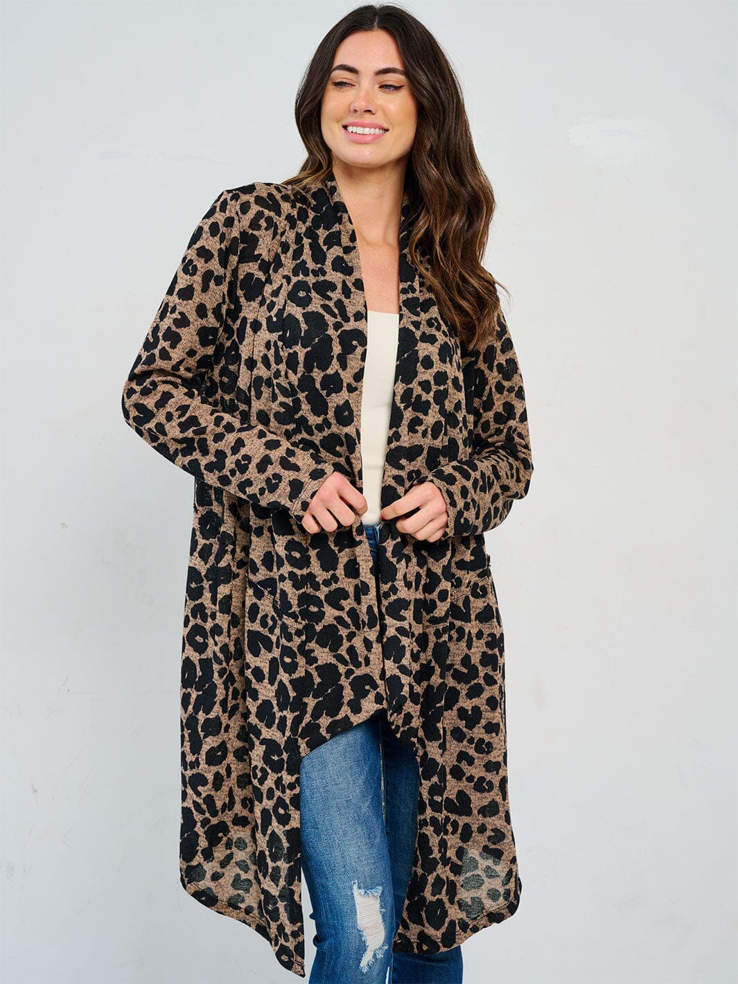 WOMEN'S LONG SLEEVE OPEN FRONT HIGH-LOW ANIMAL PRINT CARDIGAN