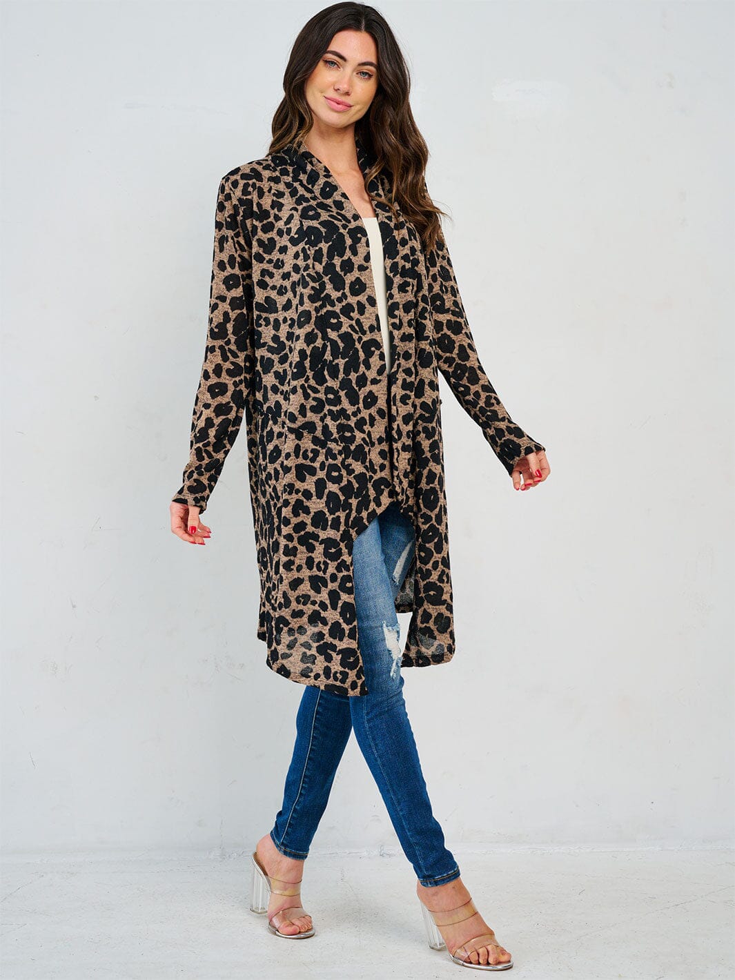 WOMEN'S LONG SLEEVE OPEN FRONT HIGH-LOW ANIMAL PRINT CARDIGAN