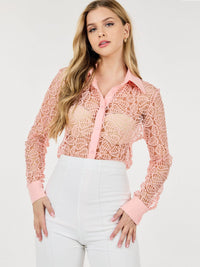 WOMEN'S LONG SLEEVE BUTTON UP DETAILED CROCHET BLOUSE