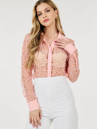 WOMEN'S LONG SLEEVE BUTTON UP DETAILED CROCHET BLOUSE